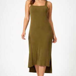 The Drop Olive Green Ribbed Midi Dress High Low Hem Stretch Minimalist M